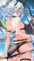  7gao aether_gazer arm_strap ass back bangle bare_shoulders belt bikini black_bikini black_choker blue_eyes bracelet breasts choker cowboy_shot earrings eyewear_on_head female from_behind glint hair_ornament hair_scrunchie hairclip highres holding holding_sword holding_weapon jewelry kotachi_(aether_gazer) long_hair looking_at_viewer looking_back medium_breasts outdoors parted_lips profile reverse_grip sarong scrunchie side-tie_bikini_bottom sidelocks skindentation smile solo standing star_(symbol) star_earrings string_bikini sunglasses swimsuit sword thigh_strap thighs twintails weapon white_hair wristband x_hair_ornament 