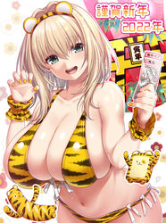  2022 animal_print bare_arms bare_shoulders bikini blonde_hair breasts chinese_zodiac claw_pose cleavage collarbone commentary_request cover female happy_new_year highres huge_breasts long_hair looking_at_viewer nail_polish navel nengajou new_year open_mouth original paid_reward_available partial_commentary scrunchie skindentation smile solo suzuki_nene swimsuit tail tiger_print tiger_tail wrist_scrunchie year_of_the_tiger 