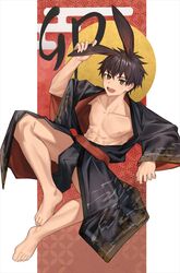  1boy :d abs animal_ears bare_legs bare_pectorals barefoot black_fundoshi black_hair black_kimono brown_eyes bulge chinese_zodiac collarbone commentary_request feet fundoshi hand_on_own_ear hand_up happy_new_year highres japanese_clothes kimono long_sleeves looking_at_viewer male_focus nayoshi_(r-744) nipples open_clothes open_kimono open_mouth original outside_border partial_commentary pectorals print_kimono rabbit_boy rabbit_ears reclining shiny_clothes short_hair smile solo spread_legs toned toned_male wide_sleeves year_of_the_rabbit yukata 