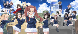  6+girls absurdres adjusting_eyewear animal_ears black_eyes black_footwear black_hair black_socks blonde_hair blue_jacket blue_sky boots brown_eyes brown_hair caesar_(girls_und_panzer) cat_ears clipboard closed_eyes cloud cloudy_sky coke-bottle_glasses commentary_request crossed_legs day erwin_(girls_und_panzer) eyepatch fake_animal_ears flexing food frown fruit girls_und_panzer glasses green_shirt grey_hair hair_between_eyes hair_pulled_back hair_ribbon hairband handheld_game_console hands_on_lap hanging hat headband highres holding holding_clipboard holding_clothes holding_handheld_game_console holding_hat holding_pencil indian_style inou_takashi jacket jagdpanzer_38(t) kadotani_anzu kawashima_momo knees_together_feet_apart koyama_yuzu leaning_forward legs_up light_brown_hair long_hair long_sleeves looking_at_another looking_at_viewer looking_back lying m3_lee maruyama_saki medium_hair messy_hair military military_uniform military_vehicle miniskirt momogaa_(girls_und_panzer) monocle motor_vehicle multiple_girls nekonyaa_(girls_und_panzer) official_art on_back one_eye_closed ooarai_marine_tower ooarai_military_uniform oono_aya open_mouth oryou_(girls_und_panzer) outdoors parted_bangs peach peaked_cap pencil pink_hairband piyotan_(girls_und_panzer) playing_games pleated_skirt pointy_hair pose pushing red_headband red_scarf ribbon saemonza_(girls_und_panzer) sakaguchi_karina sanada_clan_(emblem) sawa_azusa scarf semi-rimless_eyewear shirt short_hair short_ponytail sitting skirt sky smile socks standing sturmgeschutz_iii tank twintails under-rim_eyewear uniform unworn_hat unworn_headwear utsugi_yuuki white_skirt yamagou_ayumi 