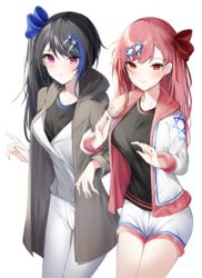  2girls bad_id bad_pixiv_id black_hair blush bow braid breasts casual girls&#039;_frontline grey_shirt hair_between_eyes hair_ornament hair_ribbon hairbow hairclip hei_d hexagram jacket jericho_(girls&#039;_frontline) locked_arms long_hair looking_at_viewer medium_breasts multicolored_hair multiple_girls negev_(girls&#039;_frontline) one_side_up pants pink_hair purple_eyes red_bow red_eyes ribbon shirt shorts simple_background smile star_of_david streaked_hair white_background white_jacket white_pants white_shorts 