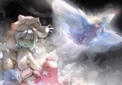  2others animal_ears bird blunt_bangs brown_fur commentary_request cover creature feathered_wings flower flying furry highres holding_hands hug looking_at_another lying made_in_abyss mitty_(made_in_abyss) multiple_others nanachi_(made_in_abyss) official_art on_head on_side open_mouth puffy_pants rabbit_ears red_eyes short_hair tail topless tsukushi_akihito whiskers white_flower white_hair wings yellow_eyes 