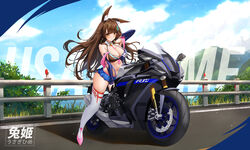  animal_ear_fluff animal_ears arm_up armpits asymmetrical_clothes bare_shoulders between_breasts bikini bikini_top_only black_bikini blue_skirt breasts brown_hair cleavage day detached_collar detached_sleeves female floating_hair hair_ornament hairclip halterneck highres indie_virtual_youtuber large_breasts long_hair long_sleeves looking_at_viewer microskirt motor_vehicle motorcycle navel necktie necktie_between_breasts orange_eyes outdoors pink_footwear pleated_skirt rabbit_ears race_queen shoes skirt smile solo spaghetti_strap stomach string_bikini swimsuit thighhighs thighs tongue tongue_out usagihime_(vtuber) very_long_hair virtual_youtuber white_thighhighs xfate zettai_ryouiki 