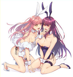  2girls absurdres animal_ears bare_legs blush bow bowtie breasts bridal_garter cleavage collarbone commentary_request detached_collar fake_animal_ears fake_tail fate/grand_order fate_(series) fluffy high_heels highres holding_another&#039;s_head kneeling large_breasts leotard medb_(fate) medium_breasts multiple_girls nail_polish official_alternate_costume open_mouth pink_hair pink_nails playboy_bunny purple_nails rabbit_ears rabbit_tail scathach_(fate) scathach_(piercing_bunny)_(fate) simple_background strapless strapless_leotard tail tia_(cocorosso) white_background wrist_cuffs yellow_eyes 