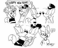  alex_fizuth anthro avoid_posting buckteeth canid canine carlos_enrique clarice_roberts clothing female fox group hat headgear headwear holidays hug kissing male male/male mammal monochrome mouse murid murine new_year new_year_2022 new_years_eve party_hat rodent sweater teeth top_hat topwear turtleneck voyeur world_of_fizz worldoffizz 