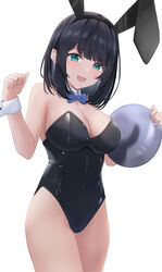  absurdres animal_ears aqua_eyes bare_legs black_hair black_leotard blue_bow blue_bowtie bow bowtie breasts cleavage detached_collar female highres large_breasts leotard looking_at_viewer original playboy_bunny rabbit_ears short_hair simple_background solo strapless strapless_leotard tray white_background wrist_cuffs yuzuki4no 