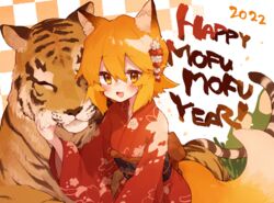  2022 animal_ear_fluff animal_ears checkered_background chinese_zodiac commentary female floral_print fox_ears fox_girl fox_tail hair_between_eyes hand_up happy_new_year japanese_clothes kimono long_sleeves looking_at_viewer new_year obi oerba_yun_fang official_art open_mouth orange_background orange_eyes orange_hair red_kimono rimukoro sash senko_(sewayaki_kitsune_no_senko-san) sewayaki_kitsune_no_senko-san skin_fang smile tail tiger upper_body white_background wide_sleeves year_of_the_tiger 