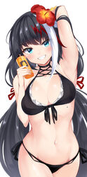  arm_up armpits azur_lane bare_arms bare_shoulders bikini black_bikini black_hair blue_eyes blush breasts commentary cowboy_shot deutschland_(azur_lane) deutschland_(service_time?!)_(azur_lane) duplicate female flower front-tie_bikini_top front-tie_top grin groin hair_flower hair_ornament halterneck hand_up hibiscus highres holding irohara long_hair looking_at_viewer manjuu_(azur_lane) md5_mismatch medium_breasts mole multicolored_hair navel official_alternate_costume pixel-perfect_duplicate red_flower red_hair sharp_teeth side-tie_bikini_bottom simple_background smile solo standing stomach streaked_hair string_bikini swimsuit teeth very_long_hair white_background white_hair 