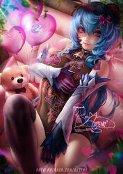  artist_name axsen balloon bangs banned_artist bare_shoulders bell black_legwear black_leotard blue_hair bodysuit bow bowtie breast_hold breasts crossed_bangs detached_sleeves english_commentary eyebrows_behind_hair fantasy female floral_print ganyu_(genshin_impact) genshin_impact gloves goat_girl goat_horns gold_trim hair_between_eyes hair_ribbon heart heart-shaped_pupils heart_balloon highres horns knee_up leaf leg_up leotard long_hair looking_at_viewer neck_bell parted_lips patreon_username pink_eyes pink_lips plant purple_gloves rainbow_gradient ribbon sidelocks signature sitting smile solo stuffed_animal stuffed_toy symbol-shaped_pupils teddy_bear thighhighs 