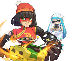  2girls alternate_color arms_(game) beanie black_hair black_spaghetti blue_hair blunt_bangs bracelet chinese_clothes commentary company_connection cosplay dragon dragon_(arms) dress food green_eyes hat highres ikamusume ikamusume_(cosplay) ink inkling_girl inkling_player_character jewelry kamaboko leggings long_hair looking_at_viewer mask meandros medium_dress min_min_(arms) multiple_girls narutomaki noodles pasta ramen shinryaku!_ikamusume shoes short_hair sleeveless sleeveless_dress smile spaghetti splatoon_(series) squid squid_hat stup-jam super_smash_bros. tentacle_hair trait_connection white_dress white_footwear white_headwear 