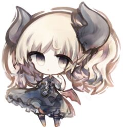  bad_id bad_pixiv_id black_bow black_dress black_thighhighs blonde_hair bow brown_eyes brown_footwear chibi collared_shirt commentary_request cottontailtokki curled_horns demon_horns dress female full_body gremory_(shadowverse) hand_up horns long_hair shadowverse shirt short_sleeves simple_background solo standing strapless strapless_dress thighhighs white_background white_shirt 