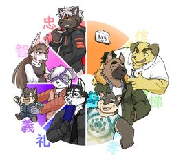  anthro bandage black_body black_fur brown_body brown_fur canid canine canis clothing color_wheel color_wheel_challenge domestic_dog femboy fur grey_body grey_fur group hair hi_res jacket judicatorkoo lifewonders male mammal masanori_(tas) moritaka_(tas) multicolored_body multicolored_fur nobumichi_(tas) pink_body pink_fur plushie polo_shirt ponytail scar shirt tadatomo_(tas) tanetomo_(tas) tokyo_afterschool_summoners topknot topwear yasuyori_(tas) yellow_body yellow_fur yoshito_(tas) 