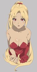  absurdres bad_id bad_twitter_id bare_shoulders blonde_hair breasts cleavage collarbone commentary_request dress elbow_gloves female gloves highres holding large_breasts long_hair looking_at_viewer ponytail red_dress red_gloves ryukusou short_dress shynesslady simple_background smile solo star_ocean star_ocean_the_second_story strapless very_long_hair 