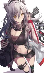  animal_ear_fluff animal_ears arknights arrow_(projectile) bag black_footwear black_scarf black_shorts boots breasts cat_ears cleavage commentary crop_top english_commentary female grey_hair hair_between_eyes hand_up highres infection_monitor_(arknights) jacket large_breasts long_hair long_sleeves looking_at_viewer midriff navel open_clothes open_jacket pouch quiver scarf schwarz_(arknights) short_shorts shorts simple_background solo stomach stratoz thigh_strap thighs white_background white_jacket yellow_eyes 