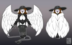  anthro avian big_breasts big_hat bird breasts brown_hair clothing disability eyewear female glasses hair hat headgear headwear hi_res horned_owl inque_(famwammer) mklancer00 non-mammal_breasts owl prosthetic prosthetic_arm prosthetic_leg prosthetic_limb purple_eyes religious_symbol snowy_owl solo true_owl weapon whip 