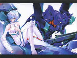  absurdres ayanami_rei bandage_over_one_eye bandages bare_shoulders blue_hair bodysuit breasts cockpit collarbone color_halftone energy_gun entry_plug eva_01 evangelion_(mecha) eyepatch female glowing glowing_eye gun headgear highres holding holding_gun holding_weapon horns interface_headset looking_to_the_side mecha mechanical_horns medical_eyepatch medium_breasts neon_genesis_evangelion official_art pallet_rifle_(evangelion) photoshop_(medium) pilot_suit plugsuit red_eyes robot sadamoto_yoshiyuki scan science_fiction serious signature single_horn sitting solo weapon white_bodysuit 