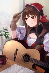  absurdres acoustic_guitar blush brown_eyes brown_hair coffee coffee_mug cup falcon_(girls&#039;_frontline) female girls&#039;_frontline gloves guitar head_scarf highres instrument long_hair mug pami_a117 sidelocks smile solo 