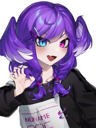  black_nails black_sweater blue_eyes blush braid claw_pose collarbone female hair_ornament hairclip head_wings heterochromia highres looking_at_viewer nijisanji nijisanji_en oerba_yun_fang open_hand portrait protected_link purple_eyes purple_hair selen_tatsuki selen_tatsuki_(1st_costume) senzai skin_fang smile solo sweater twin_braids v-shaped_eyebrows virtual_youtuber white_background wings 