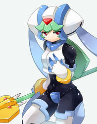  commentary_request cropped_jacket female green_hair helmet holding holding_polearm holding_weapon looking_at_viewer mega_man_(series) mega_man_zx model_w_(mega_man) pandora_(mega_man) polearm red_eyes sakuraba_(cerisier_x) simple_background skin_tight solo weapon 