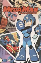  5boys android arm_cannon blue_eyes commentary copyright_name cover drill_man elec_man energy_beam english_commentary fire_man firing helmet highres jordan_gibson logo male_focus mega_man:_fully_charged mega_man_(character) mega_man_(classic) mega_man_(series) multiple_boys multiple_views official_art open_mouth punching signature skull_man star_(symbol) tetsuwan_atom weapon 