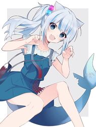  bag blue_eyes blue_hair blue_skirt buttons claw_pose closed_eyes commentary fangs female fins fish_tail gawr_gura gawr_gura_(casual) grey_hair handbag highres hololive hololive_english long_hair looking_at_viewer multicolored_hair official_alternate_costume open_mouth shark_girl shark_tail shirt short_sleeves side_ponytail skin_fangs skirt skirt_set solo streaked_hair symbol-only_commentary tail uehara_(dormmmmir_) virtual_youtuber white_shirt 