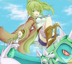  bad_id bad_pixiv_id bird breasts camisole collar day duel_monster earrings female fingerless_gloves flying gloves green_eyes green_hair gusto_gulldo hair_ornament highres jacket jewelry kenn long_hair medium_breasts necklace open_clothes open_jacket open_mouth open_robe ponytail riding riding_bird robe sandals shorts staff undershirt white_camisole winda_(yu-gi-oh!) winda_priestess_of_gusto yu-gi-oh! 