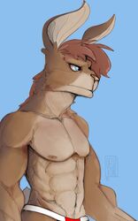  5:8 anthro blue_eyes brown_body brown_fur clothed clothing deuzion fur hi_res jockstrap jockstrap_only lagomorph leporid male mammal muscular muscular_male nipples rabbit solo topless underwear underwear_only 