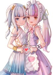  2girls :d absurdres apron blue_eyes blue_hair blue_nails blunt_bangs braid breasts closed_mouth commentary_request fang_out fins fish_tail gawr_gura gawr_gura_(party_dress) grey_hair hair_ornament heart heart_hands heart_hands_duo highres hololive hololive_english looking_at_viewer magical_girl multicolored_hair multiple_girls murasaki_shion murasaki_shion_(magical_girl_maid) nail_polish oerba_yun_fang official_alternate_costume open_mouth orange_eyes pink_hair purple_hair ray_peng shark_tail sleeveless small_breasts smile star_(symbol) star_hair_ornament tail twintails two-tone_hair v-shaped_eyebrows virtual_youtuber waist_apron wrist_cuffs 