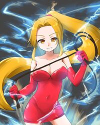  bare_shoulders blonde_hair breasts cleavage collarbone commentary_request dr_flauto dress elbow_gloves female gloves highres holding large_breasts long_hair looking_at_viewer ponytail red_dress red_gloves short_dress shynesslady smile solo star_ocean star_ocean_the_second_story strapless very_long_hair 