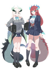  2girls alternate_costume black_socks blonde_hair blue_bow blue_bowtie blue_eyes bow bowtie breasts chamber_dragonmaid dragon_girl dragon_horns dragon_tail duel_monster full_body green_eyes heichi highres horns kitchen_dragonmaid kneehighs large_breasts long_hair low_wings multiple_girls pleated_skirt red_hair school_uniform shoes skirt socks standing sweater tail wings yu-gi-oh! 