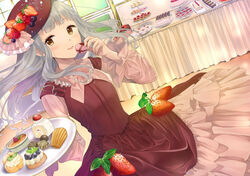  aqua_hair arms_up beret blueberry blush brown_dress buffet cake candy chocolate commentary_request cookie cream_puff creme_brulee dessert dress dutch_angle female food food-themed_clothes food_on_head fruit fruit_on_head gown gradient_hair grey_hair hat holding holding_cookie holding_food holding_plate jewelry layered_dress long_hair long_sleeves looking_at_viewer macaron madeleine multicolored_hair necklace object_on_head original parfait pearl_necklace pechi_(peeechika) plate raspberry red_hat solo strawberry swiss_roll table tablecloth tiered_tray tilted_headwear very_long_hair yellow_eyes 