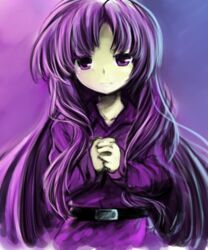  1other androgynous anmita_(rarutos) belt capelet clause_(len&#039;en) coat expressionless len&#039;en long_hair md5_mismatch necktie other_focus own_hands_clasped own_hands_together purple_background purple_eyes purple_hair purple_theme solo upper_body 