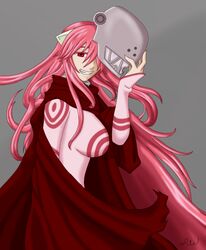  bad_deviantart_id bad_id bodysuit breasts cape commentary cosplay crossover deadman_wonderland elfen_lied english_commentary female grin helmet horns long_hair looking_at_viewer lucy_(elfen_lied) open_mouth pink_hair pyrolover90 red_cape red_eyes shiro_(deadman_wonderland) shiro_(deadman_wonderland)_(cosplay) smile solo very_long_hair 