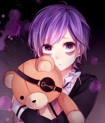  1boy :&lt; bad_id bad_pixiv_id bags_under_eyes black_eyes commentary_request diabolik_lovers eyepatch frown goth_fashion highres male_focus purple_hair sakamaki_kanato sasakichi_(ssk_chi) short_hair solo stuffed_animal stuffed_toy teddy_(diabolik_lovers) teddy_bear upper_body 