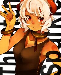  arm_up azya bad_id bad_pixiv_id bare_shoulders bracelet chains collar female horns jewelry original red_eyes short_hair sleeveless smile solo white_hair 