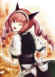  ;d akiha_rumiho animal_ears cofi_(eternal) commentary_request drill_hair female from_behind looking_back maid_headdress oerba_yun_fang one_eye_closed open_mouth pink_eyes pink_hair smile solo steins;gate twin_drills twintails 