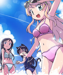  3girls animal_ears aqua_eyes aragaki_ayase bikini black_hair blonde_hair cat_ears cat_tail commentary_request eyewear_on_head from_below front-tie_bikini_top front-tie_top gokou_ruri kinutani_kanata kousaka_kirino long_hair multiple_girls navel oekaki oerba_yun_fang one-piece_swimsuit ore_no_imouto_ga_konna_ni_kawaii_wake_ga_nai pink_bikini school_swimsuit side-tie_bikini_bottom sky sunglasses swimsuit tail wading white_bikini 