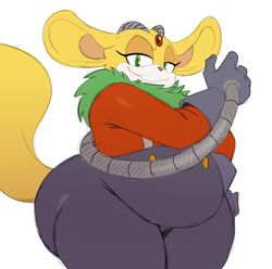  2018 anthro chinchilla chinchillid clothed clothing female green_eyes hi_res looking_at_viewer mammal neck_tuft overweight overweight_anthro overweight_female rodent sega short_stack simple_background solo sonic_the_hedgehog_(series) sssonic2 thick_thighs thunderbolt_the_chinchilla tuft white_background 