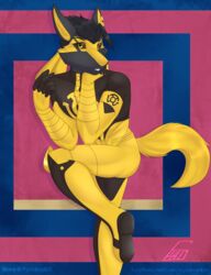  absurd_res alternate_color anthro biped blake_o_neil canid clothed clothing digital_media_(artwork) fan_character generation_4_pokemon hi_res jojo&#039;s_bizarre_adventure lucario male mammal meme nintendo pokemon pokemon_(species) pose shaded skylosminkan solo yellow_lantern 