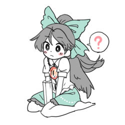  ? arm_cannon barefoot black_hair black_wings blush blush_stickers bow collared_shirt commentary female frilled_shirt_collar frills frown green_bow green_skirt hairbow light_frown long_hair miniskirt photoshop_(medium) ponytail reiuji_utsuho shirt sitting skirt solo touhou wariza weapon wings you_taira 