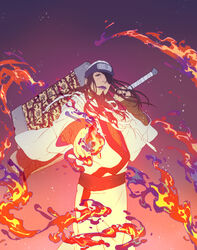  1boy beard brown_hair commentary_request eyepatch facial_hair fire forehead_protector highres holding holding_sword holding_weapon japanese_clothes k_(mns-law6) kirigakure_symbol lipstick long_hair magic makeup male_focus munashi_jinpachi nail_polish naruto_(series) naruto_shippuuden ninja over_shoulder photoshop_(medium) pyrokinesis solo sword sword_over_shoulder weapon weapon_over_shoulder 