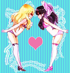  2girls black_hair blush bowing bra closed_eyes commentary_request facing_another hakurei_reimu heart high_heels himeko_(chp) kirisame_marisa leaning_forward long_hair mechanical_pencil mixed_media multiple_girls panties pencil photoshop_(medium) pink_bra pink_panties shoes smile thighhighs touhou traditional_media underwear underwear_only watercolor_pencil_(medium) yuri 