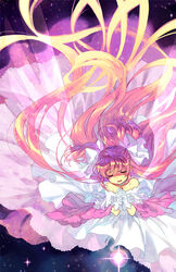  bad_id bad_pixiv_id blonde_hair bow closed_eyes dress female gloves gradient_hair hairbow juby kaname_madoka long_hair magical_girl mahou_shoujo_madoka_magica mahou_shoujo_madoka_magica_(anime) multicolored_hair pink_hair praying solo space spoilers ultimate_madoka very_long_hair white_gloves 