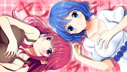  2girls bad_id bad_pixiv_id bare_shoulders blue_eyes blue_flower blue_hair blue_rose blunt_bangs blush breasts dress flower hand_on_own_chest hinata_(yanderella) honoka_(yanderella) long_hair looking_at_viewer medium_breasts multiple_girls pink_eyes pink_hair rose short_hair sleeveless white_dress yanderella yappen 