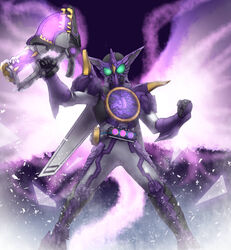  1boy axe bad_id bad_pixiv_id belt dn22059 glowing glowing_eyes highres ice kamen_rider kamen_rider_ooo kamen_rider_ooo_(series) male_focus purple_theme putotyra_(ooo_combo) solo weapon wings 