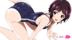  all_fours female from_above looking_at_viewer maeda_kanon mizuki_makoto one-piece_swimsuit photokano photoshop_(medium) school_swimsuit short_hair simple_background solo swimsuit white_background 