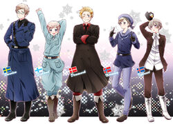  5boys axis_powers_hetalia bad_id bad_pixiv_id bird blonde_hair blue_eyes boots character_name commentary_request danish_flag denmark_(hetalia) finland_(hetalia) finnish_flag full_body glasses gloves iceland_(hetalia) icelandic_flag male_focus military military_uniform multiple_boys necktie norway_(hetalia) norwegian_flag one_eye_closed puffin purple_eyes romion sailor smile sweden_(hetalia) swedish_flag uniform 