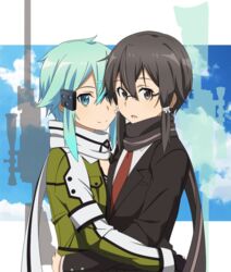  2girls asada_shino black_eyes black_hair blue_eyes commentary_request dual_persona fingerless_gloves glasses gloves green_eyes multiple_girls rinkai_(mamepika8492) scarf school_uniform short_hair sinon sword_art_online 