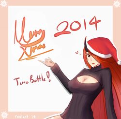  2014 breasts cleavage cleavage_cutout clothing_cutout commentary_request daiana_(terra_battle) female hair_over_one_eye horns large_breasts lips long_hair meme_attire merry_christmas naked_sweater open-chest_sweater red_eyes red_hair rexlent ribbed_sweater single_horn solo sweater terra_battle turtleneck very_long_hair 