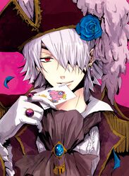  1boy bad_id bad_pixiv_id blue_flower blue_rose card card_in_mouth earrings flower gloves hair_over_one_eye hamayoshi hat holding holding_card jewelry male_focus mouth_hold pandora_hearts red_eyes ring rose solo white_hair xerxes_break 